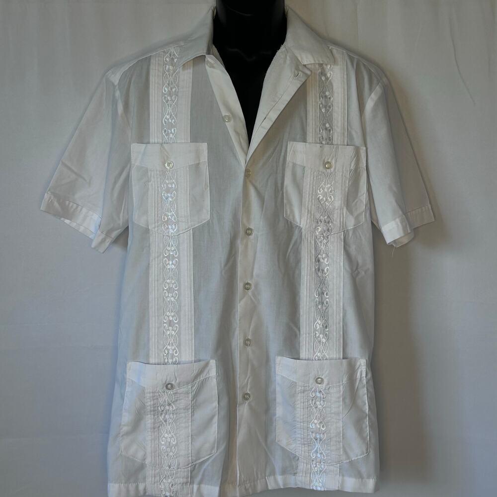 Platoon White Guayabera Shirt Men’s L Embroidered 4 Pocket Cuban Havana Style